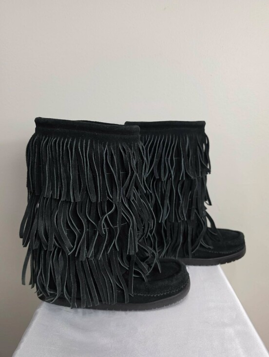 Manitobah Mukluks Shoes - Manitobah Mukluks Buffalo Dancer Tall Black Suede Leather Fringe Boot